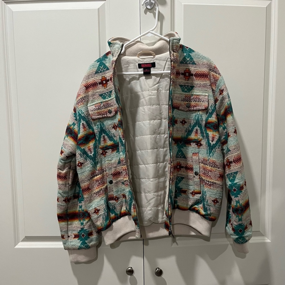 Woven Aztec Bomber Jacket in Teal & Cream - Picture 3 of 6